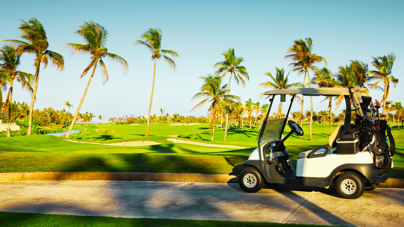 A golf cart parked on a scenic Florida course surrounded by palm trees, capturing the essence of dream homes in Florida for golf lovers.